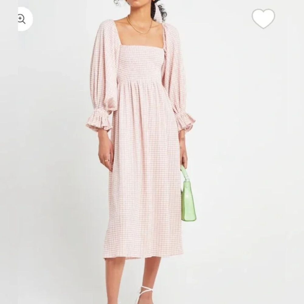 O.P.T. Athena Midi Dress Size XS Smocked Milkmaid Cottagecore Pink Gingham
